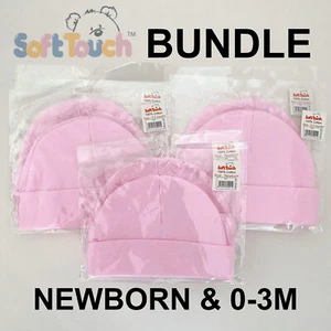 Soft Touch Pink Baby Beanie Hat Bundle Newborn and 0-3 Months 100% Cotton - Picture 1 of 6