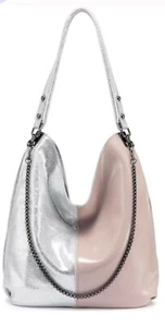 REALER women shoulder bag genuine patent leather Hobo bag Silver/Pale patent - Picture 1 of 9