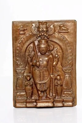 Ancient Rare Copper Lord Shiva Shivlinga Nandi Yali Engraved Statue Plaque - Image 1 of 2