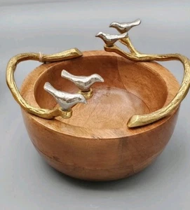 Unique Mango? Wood Bowl With Decorative Brass Handles & Silver Tone Birds India - Picture 1 of 16
