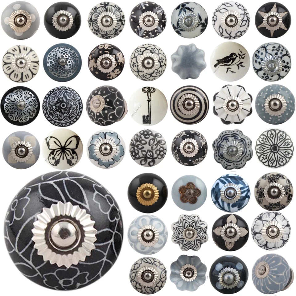 BLACK GREY Ceramic Door Knobs OVER 50 DESIGNS Drawer Pulls Shabby Chic Handles  - Image 1 of 1