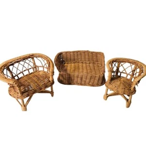 Vintage Wicker Doll Furniture Miniature Rattan Sofa Chairs Boho Barbie Cottage - Picture 1 of 10