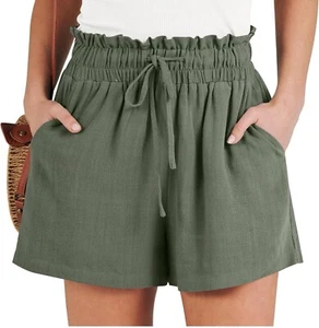 Linen Shorts for Women Casual High Waisted Wide Leg Drawstring Medium Green - Picture 1 of 7