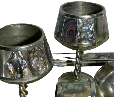 JUEGO DE BEBIDAS (5 piezas) + PLACA DE SERVICIO - PLACA DE PLATA Y ALREDEDOR DE ABULÓN (MÉXICO) Foto 1 de 4