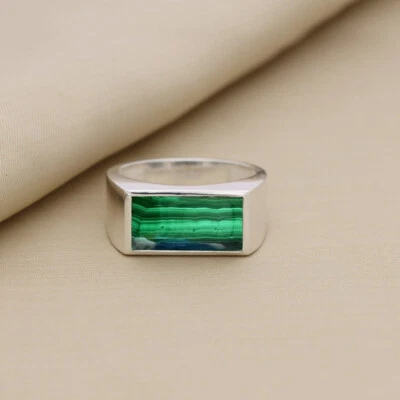 Anillo Malaquita Verde Plata Esterlina 925 Para Hombre Anillo Sello Anillo Regalo Para Él Foto 1 de 4