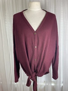 Cuefly Blouse 3X Red V-Neck Waffle Knit Loose Tunic Buttons 3/4 Sleeve Tie Knot - Picture 1 of 24