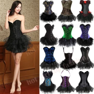 Women Black Waist Cincher Lace Up Boned Corset Basque with Tutu Skirt Size 6-24 - Picture 1 of 41