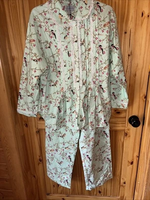 New Lanz Of Salzburg M Flannel Pajama Set Mint Green Heart Buttons Birds Flowers - Image 1 of 4
