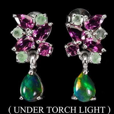 925 Sterling Silver Earrings Pear Black Opal Emerald Rhodolite Gemstone Jewelry - Image 1 of 4