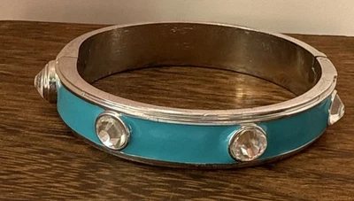 Teal Enamel Crystal Bangle Cuff Bracelet Silver Tone Hinged Magnetic Art Deco 8” - Image 1 of 4