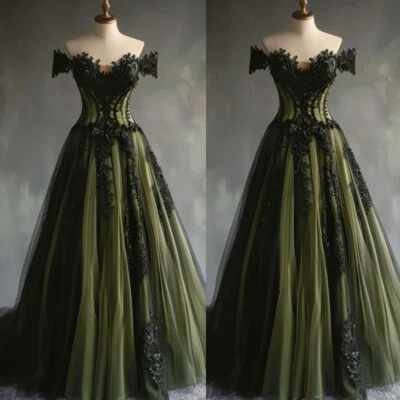 Gothic Black and Green Wedding Dresses Short Sleeves A Line Bridal Gowns - Image 1 of 4