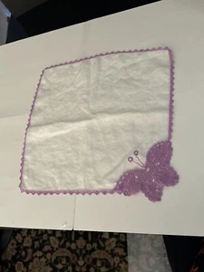Vintage White Handkerchief with Light Purple Crocheted Butterfly Trim - Picture 1 of 1