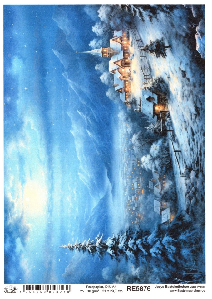 JOSYS BASTELMÄRCHEN Reispapier A4 Strohseide Weihnachten Winterlandschaft Dorf Kirche Nacht RE5876