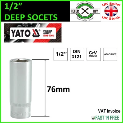 Heavy Duty DEEP SOCKETS 76mm 1/2" Drive Increased CrV 16-22mm Yato - Image 1 of 2