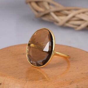 Bezel Set Smoky Quartz Faceted Ring In 18K Gold Over Sterling Silver Jewelry