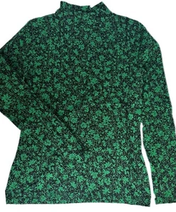 Ex M&S Womens GREEN Cotton Rich floral long sleeve funnel neck high neck top - Picture 1 of 5