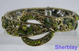 Vtg Acrylic Green Rhinestone Filigree Hinged Clamper Bangle Bracelet Signed LZ - Picture 1 of 7