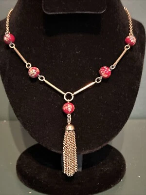 Vintage Sarah Coventry Goldtone Chain w Red Floral Beads & Tassel Necklace - Image 1 of 4