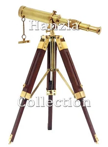 Maritime Nautical Polished Brass Telescope With Wooden Tripod Stand Desk Decor - Picture 1 of 3