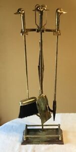 Brass Duck Head Fireplace Tool Set, 4 Tools and Stand