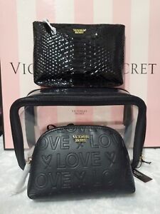 Victoria’s Secret Black LOVE 3 piece Makeup Cosmetic Bag Set BRAND NEW