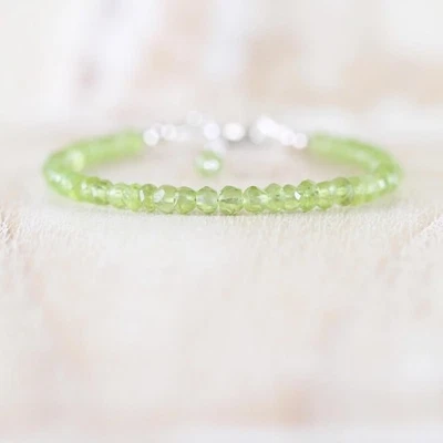 3-4MM Green Peridot Faceted Rondelle Gemstone Beaded Men Women Bracelets 6-8" - Image 1 of 4