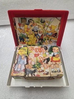 Vintage 6 Sided Wood Block Cube Puzzle Set Fairy Tales West Germany - Image 1 of 4