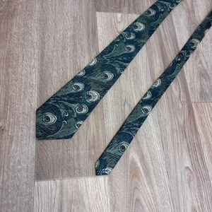 Liberty London Mens Silk Tie Blue Green Geometric Peacock England Made 9.5cm - Picture 1 of 7