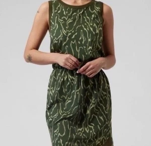 Athleta Rincon Dress Womens Small Petite Green Printed Stretch Waist Tie Travel - Picture 1 of 7