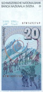 SWITZERLAND 20 FRANCS 1987 P-55g(2) UNC - Picture 1 of 2