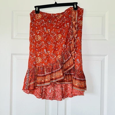 Sea Lustre Red Floral Ruffle Wrap Skirt Boho Hippie Mini/Midi Beach Cover Up - Imagem 1 de 4