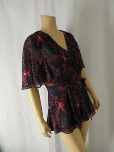 JULIE BROWN faux wrap Blouse Top Julian 8 navy blue red butterfly flutter sleeve - Picture 1 of 6