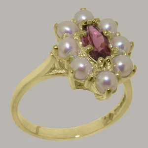 Solid 9ct Yellow Gold Natural Pink Tourmaline & Full Pearl Womens Cluster Ring - Picture 1 of 5