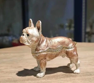 BULLDOG Golden Brown Enamel & Rhinestone Dog Hinged Trinket Box 🐶 - Picture 1 of 4