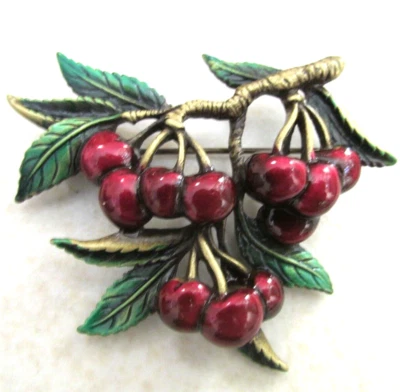 VINTAGE JJ JONETT CHERRY TREE BRANCH CHERRIES PIN BROOCH NEW OLD STOCK - Image 1 of 3