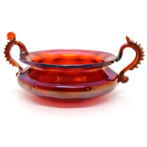1920s Vintage Small Italian Venetian Glass Iridescent Ruby Red Two-Handle Bowl - Imagen 1 de 11