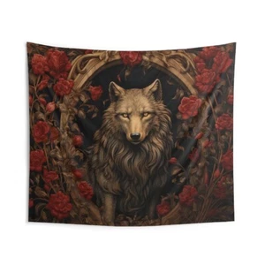 Wolf in Roses Medieval Inspired Tapestry | Wolf Goth Wall Art - Picture 1 of 5