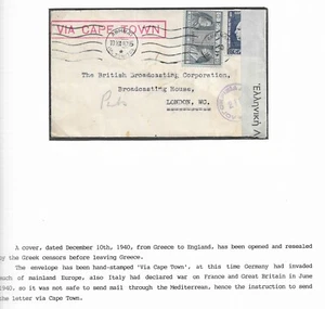 Grecia 1940 cubierta censurada a BBC Londres - Vía Ciudad del Cabo - Imagen 1 de 4