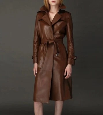 Women Brown Long Trench Soft Lambskin Leather Coat Over Coat - Image 1 of 3