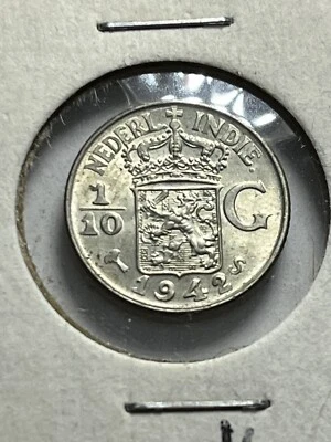 1942-S DUTCH EAST INDIES 1/10 GUILDER BU 83.5% SILVER - Image 1 of 2