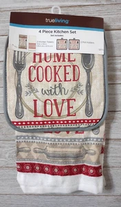 True Living Deko "Home Cooked with Love" 4-teiliges Küchentopfhalter/Handtuchset - Bild 1 von 3