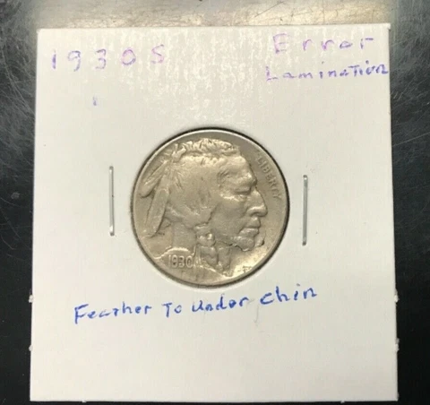 1930-S Buffalo Nickel high grade, full horn, large double Lamination ERROR Cover