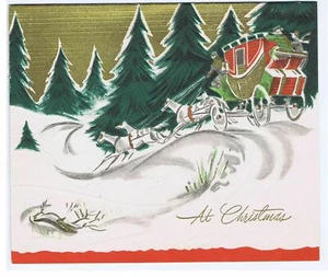 Vintage Weihnachtskarte geprägt Winterszene Postkutsche Pferde gold verziert - Bild 1 von 3