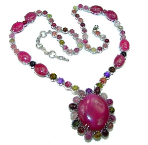 Ruby Tourmaline Necklace 925 Sterling Silver Handmade Red Gemstone 70.5g - Picture 1 of 3