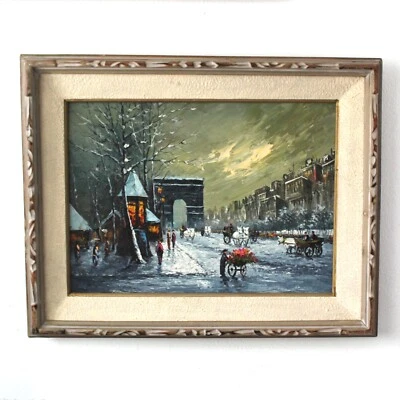 Vintage Oil Painting On Canvas PARIS STREET WINTER EVENING Framed - Image 1 of 4