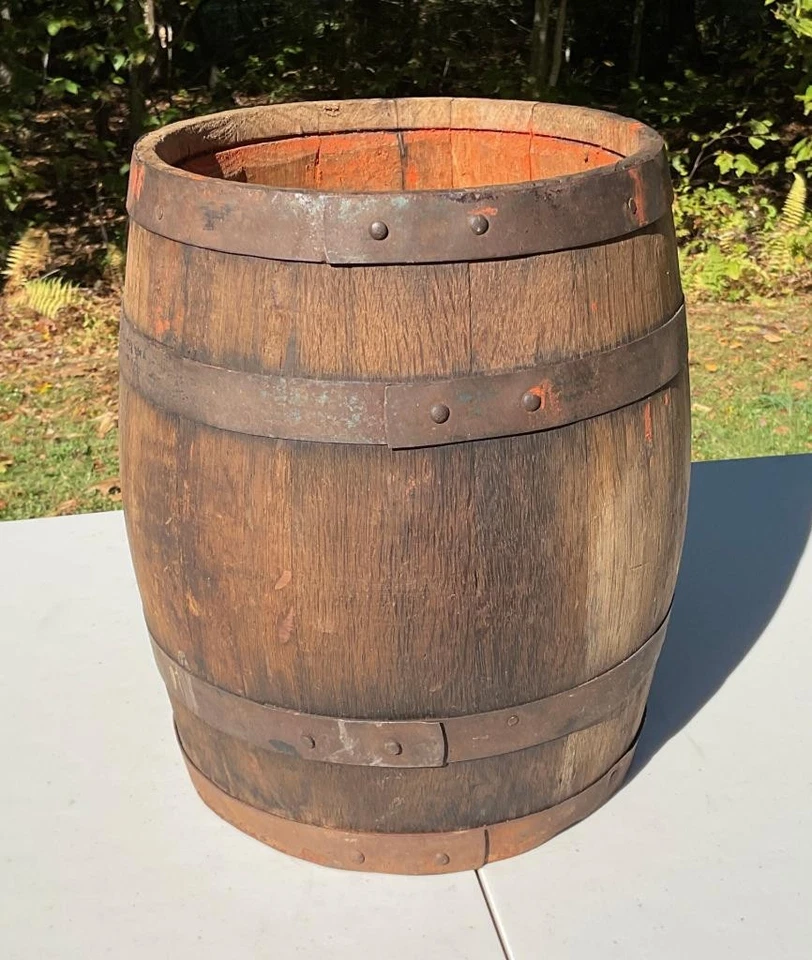 Large Antique Prim Old Wooden Paint Barrel Cask 4 Metal Bands 12.5" H Rustic - Image 1 of 1