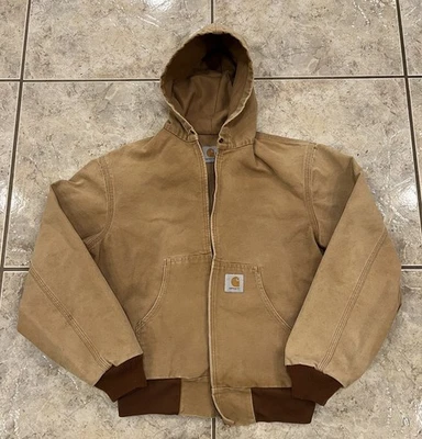 VTG 90s Mens S Carhartt JR106 Jacket Brown Duck Hooded Thermal Lined Distressed - Image 1 of 4