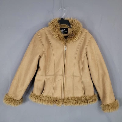 KC Collections Women's Faux Suede Jacket Medium Tan Fur Trim Lined - Image 1 of 4