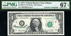 1974 $1 Atlanta *AUTOGRAPH* Federal Reserve Note FRN • 1908-F • PMG 67 EPQ - Picture 1 of 2
