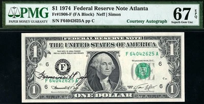 1974 $1 Atlanta *AUTOGRAPH* Federal Reserve Note FRN • 1908-F • PMG 67 EPQ - Image 1 of 2